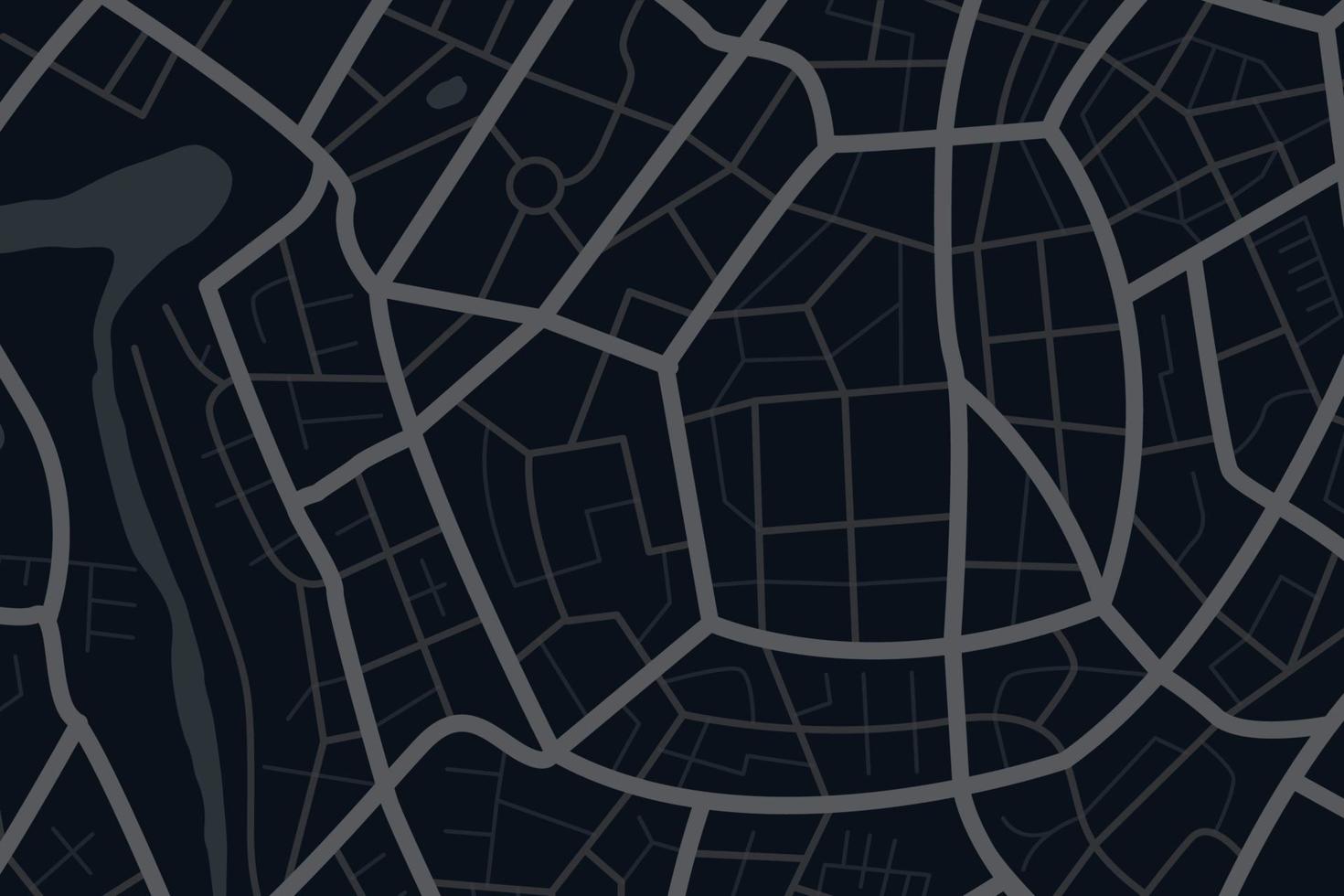 vista superior limpia aérea del mapa nocturno de la ciudad con calle y río, mapa de imaginación urbana en blanco, concepto de navegador de mapas gps, ilustración vectorial vector