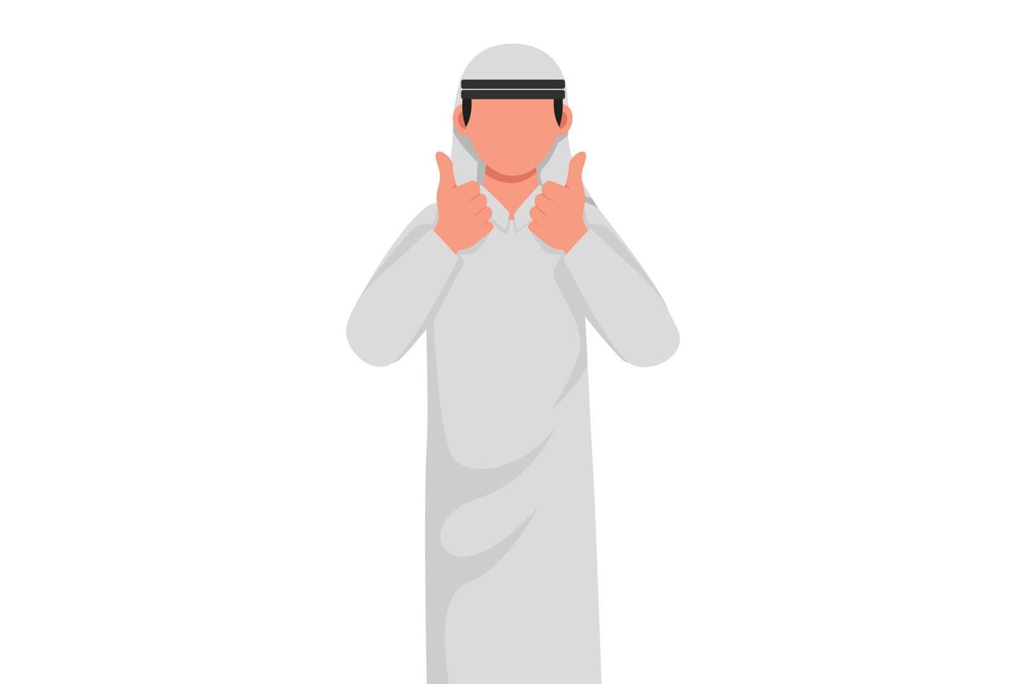 Business flat cartoon style drawing Arab businessman with two thumbs up gesture. Exited male manager showing thumbs up sign. Deal, like, agree, approve, accept. Graphic draw design vector illustration