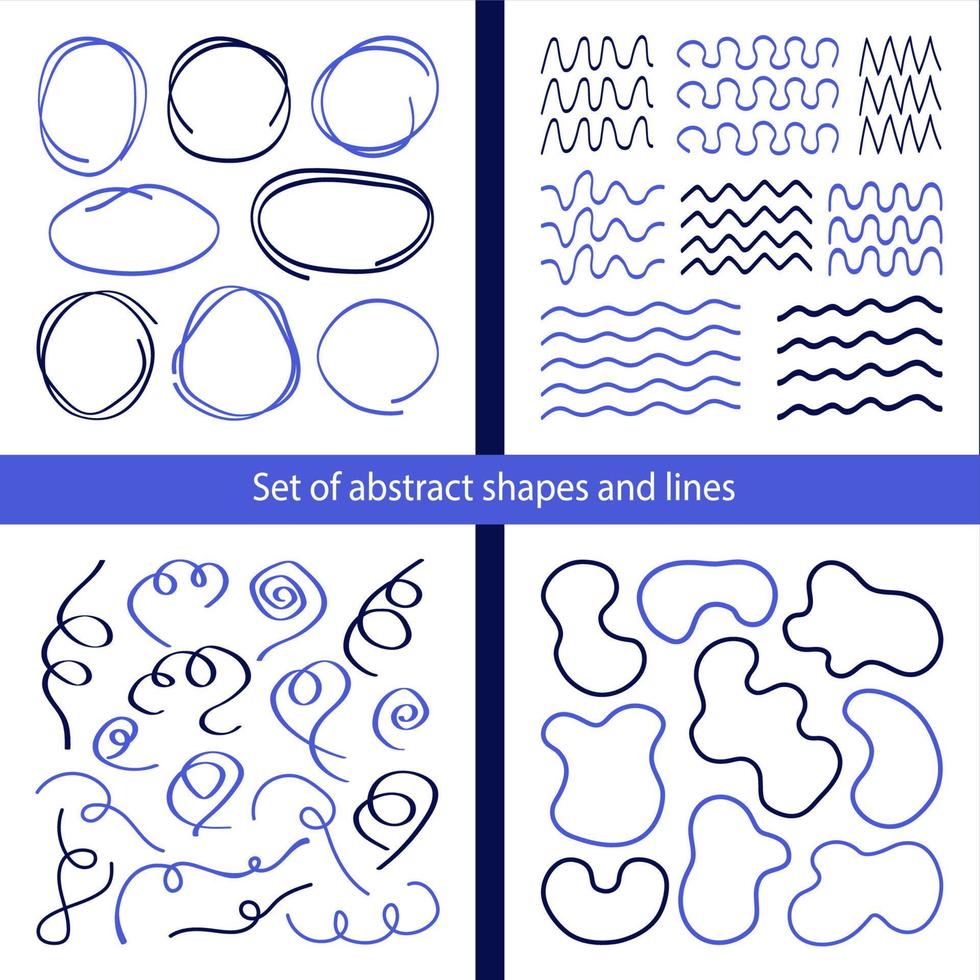 Set of abstract shapes, stains, lines, and scribbles. Trendy elements for your designs. Hand-drawn clip art. vector