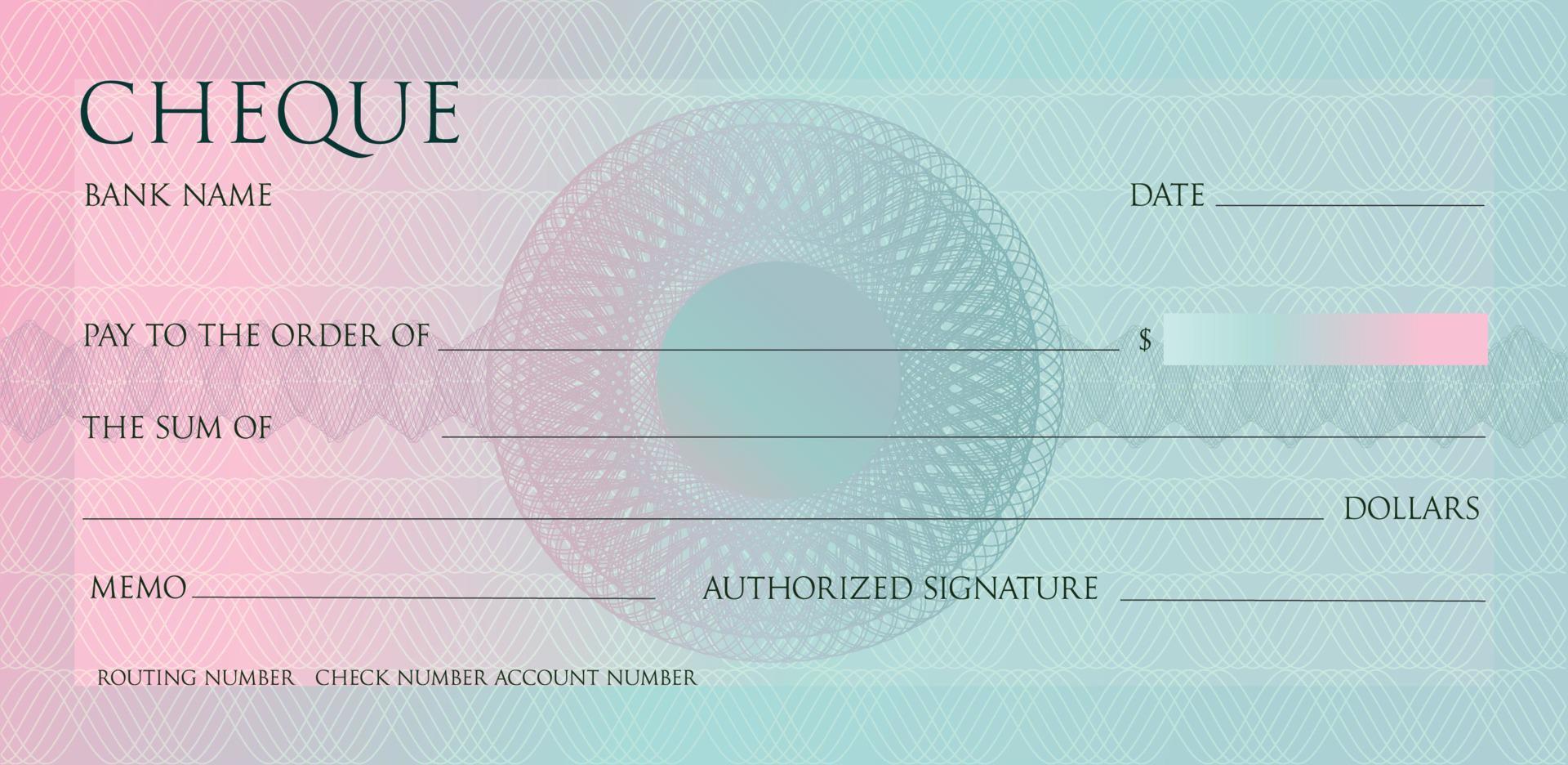 Check for Chequebook template. Lines pattern with watermark lines. Gradient background for ticket, Voucher, Gift certificate, Coupon, banknote, currency, bank note. Premium cheque vector design.