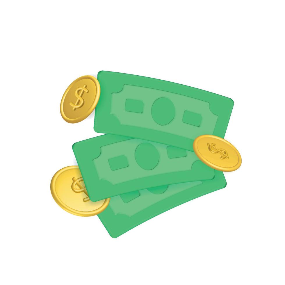 Billetes de dinero 3d con monedas de dólar aisladas sobre fondo blanco, concepto de pago en línea. ilustración vectorial para negocios, banco, finanzas, inversión, ahorro de dinero, vector