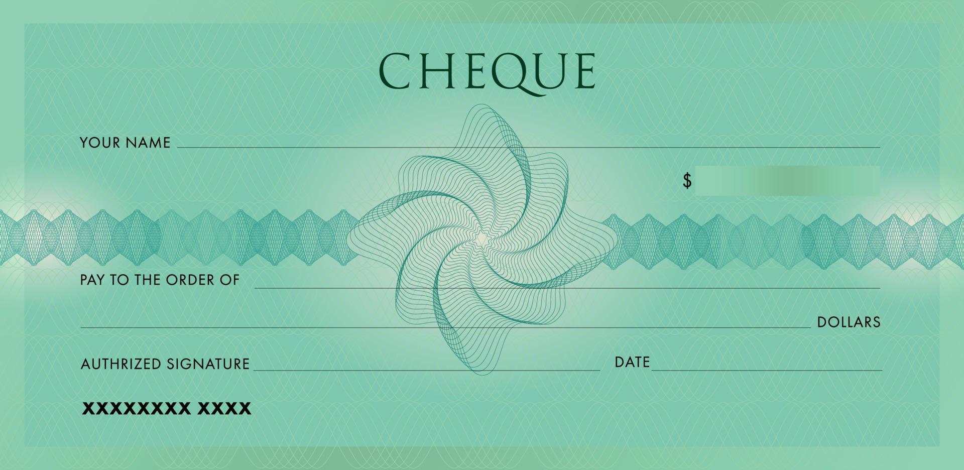 Green Cheque for Chequebook template. Linear Guilloche pattern with abstract watermark. Elegant background for banknote, money check, currency, bank note, Voucher, Gift certificate. Vector design.