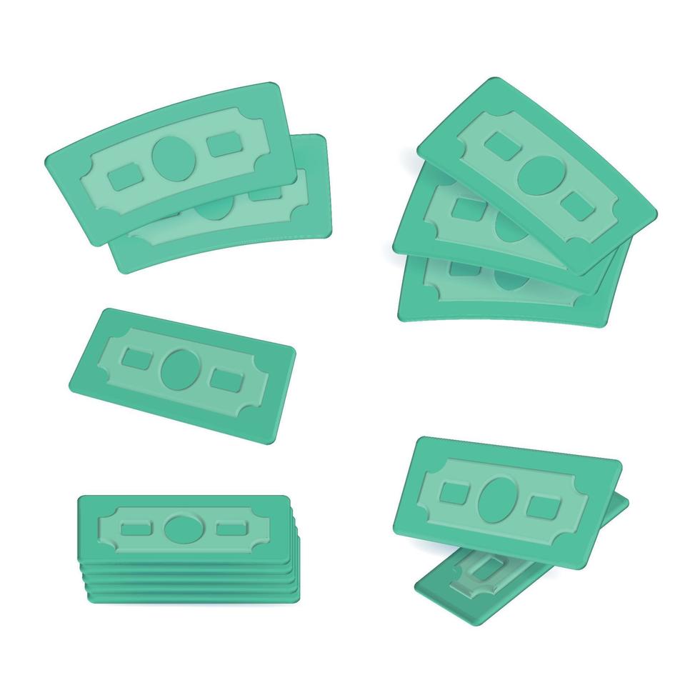 Set of 3D dollars USA. Render green paper pack of money, stack of bancknotes. Paper dollar banknote isolated on white background. Vector cartoon illustration