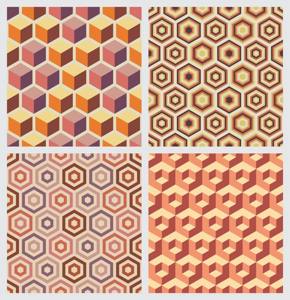 Seamless Patterns Geometry Hexagons Retro Color Set vector
