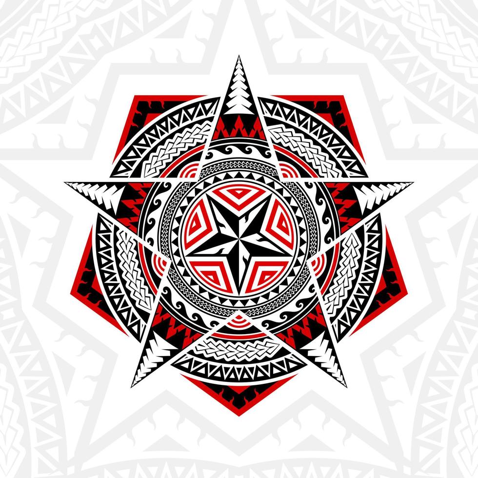 Geometric Shapes, Pentagon, Five Pointed Star And Circles, In Mixed Styles Of Thai Art, Polynesian Art, Mandala Art, Black And Red. vector