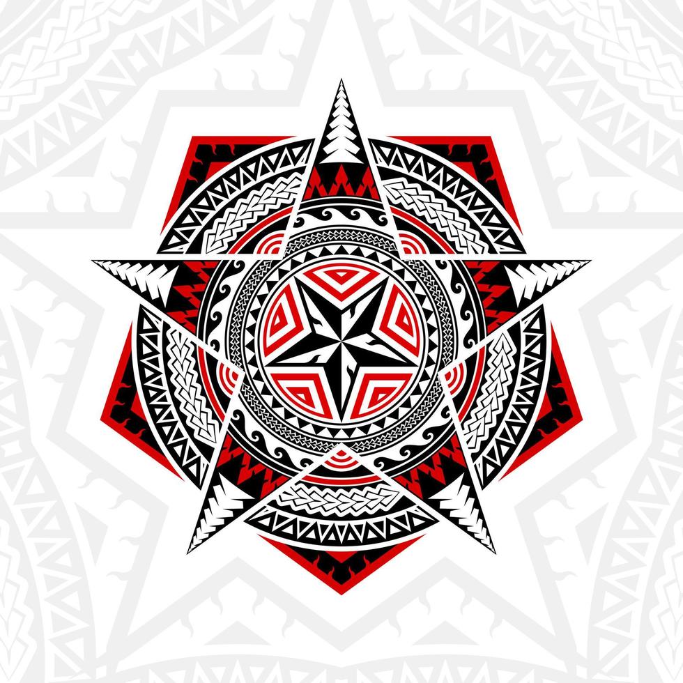 formas geométricas, pentágono, estrella de cinco puntas y círculos, en estilos mixtos de arte tailandés, arte polinesio, arte mandala, negro y rojo. vector