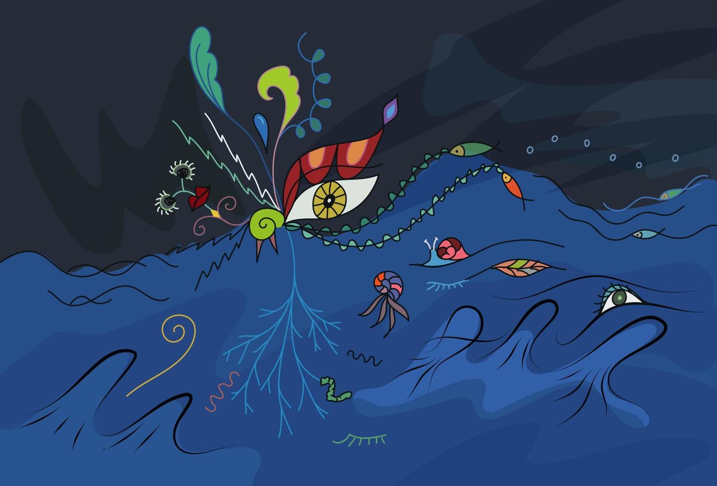 On the dark blue night sea, there is a strange-colored monster with one yellow eye and flying leaves floating on the water, and there are all kinds of strange insects underwater. vector