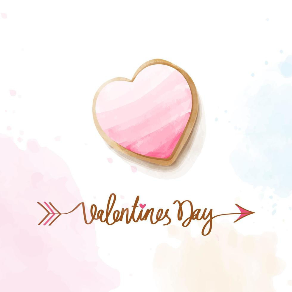 Delicious watercolor hand painted heart shaped pink valentine cookies with buttercream frosting on light yellow, pink and blue background. Text Valentine's Day with arrows going through it vector