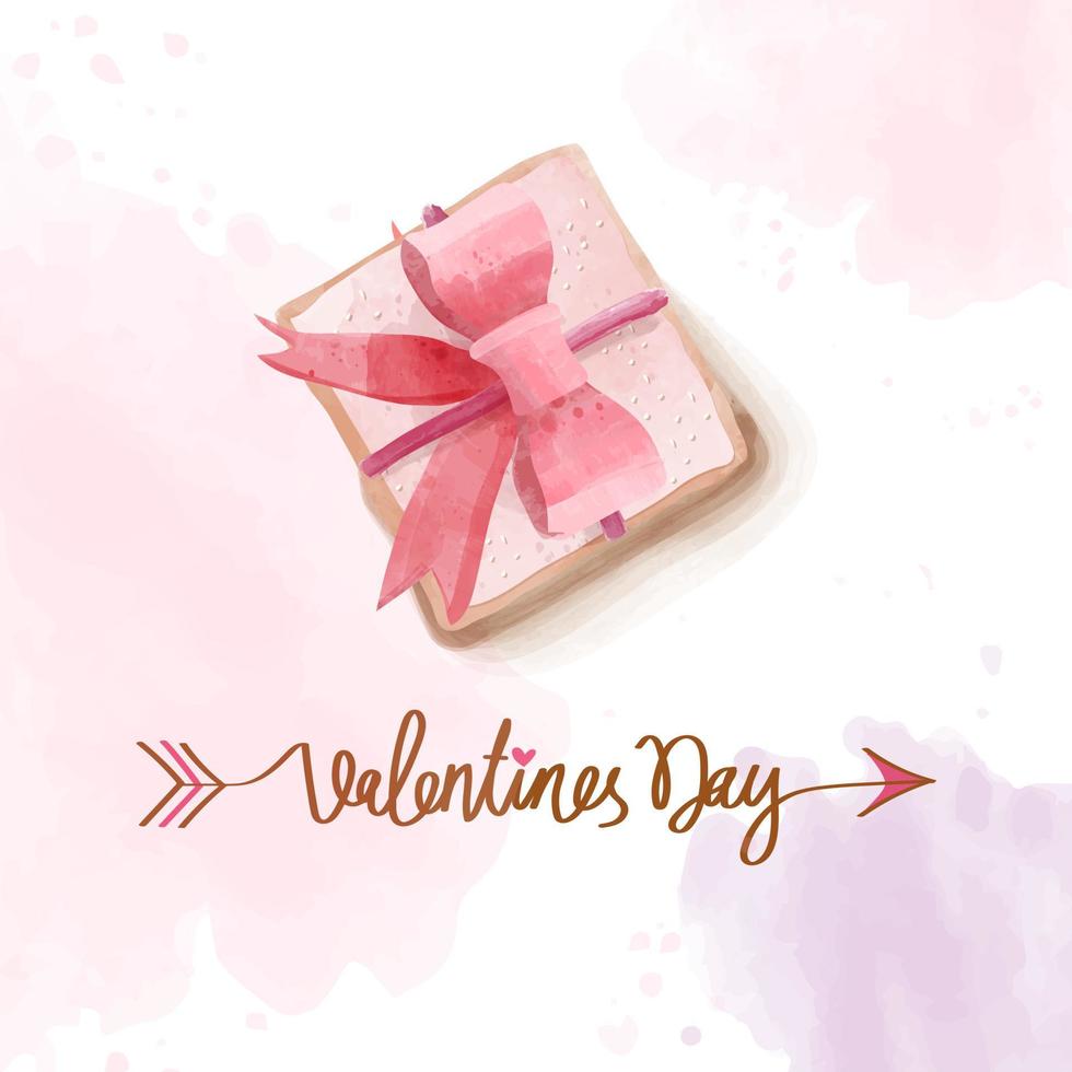 Delicious watercolor hand painted square valentine cookies with buttercream frosting decorated with bow on pink and light purple colored background. Text Valentine's Day with arrows going through it vector