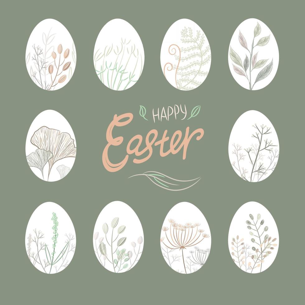 Set of hand drawn Easter eggs vector illustration with elegant botanical leaves on dark background. Can be used for Easter banners, greeting cards and posters.