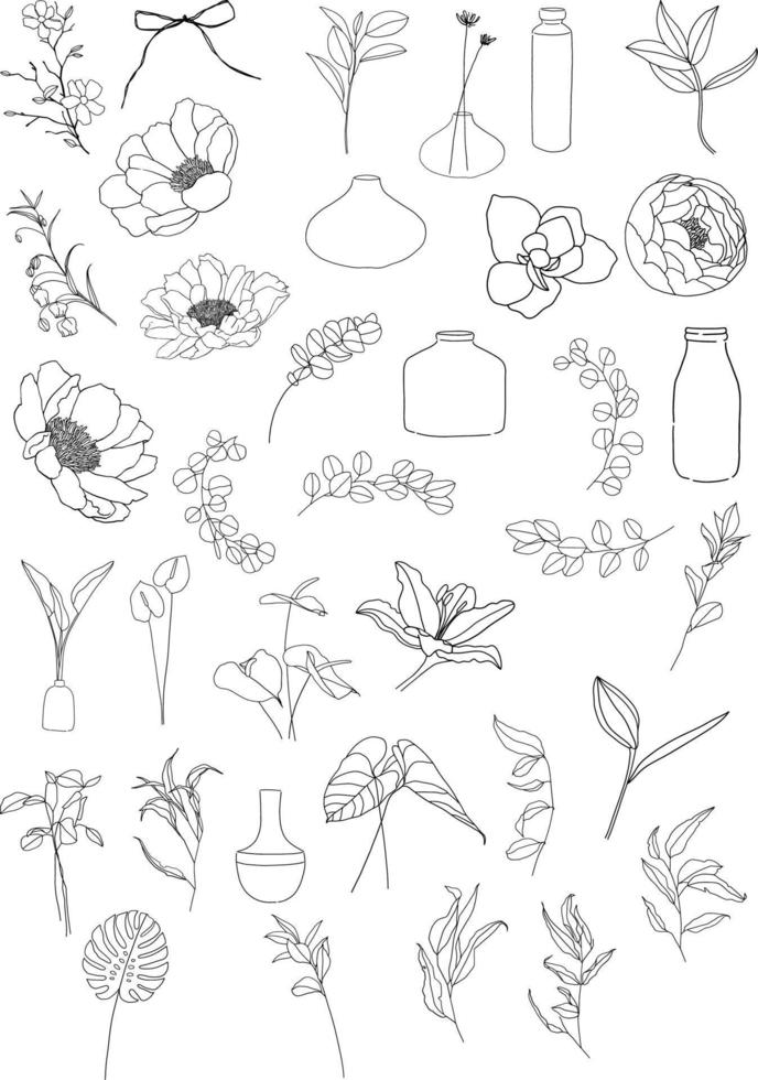 colección de arte de línea de flores vector