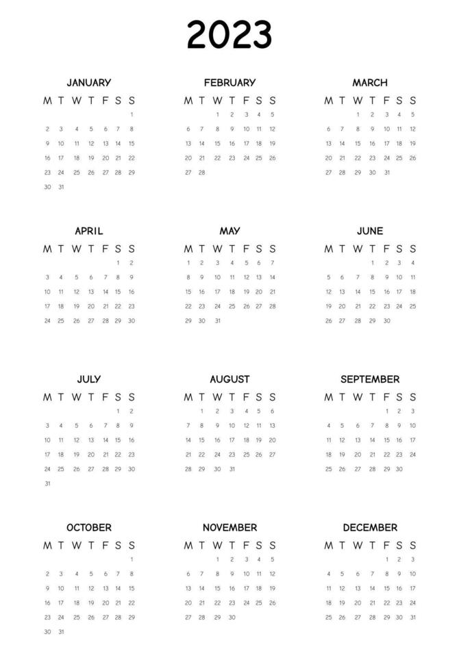 2023 Calendar year. Calendar for 2023 on white background for organization and business.  The week starts on Monday. Annual calendar 2023 template. Calendar design in black and white colors. vector