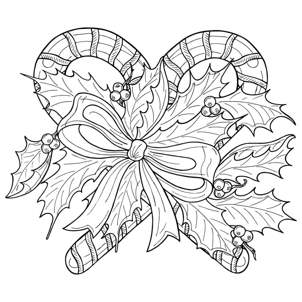 bastón de caramelo de navidad en forma de corazón con arco y bayas de acebo, dibujado a mano, resaltado en un fondo blanco vector