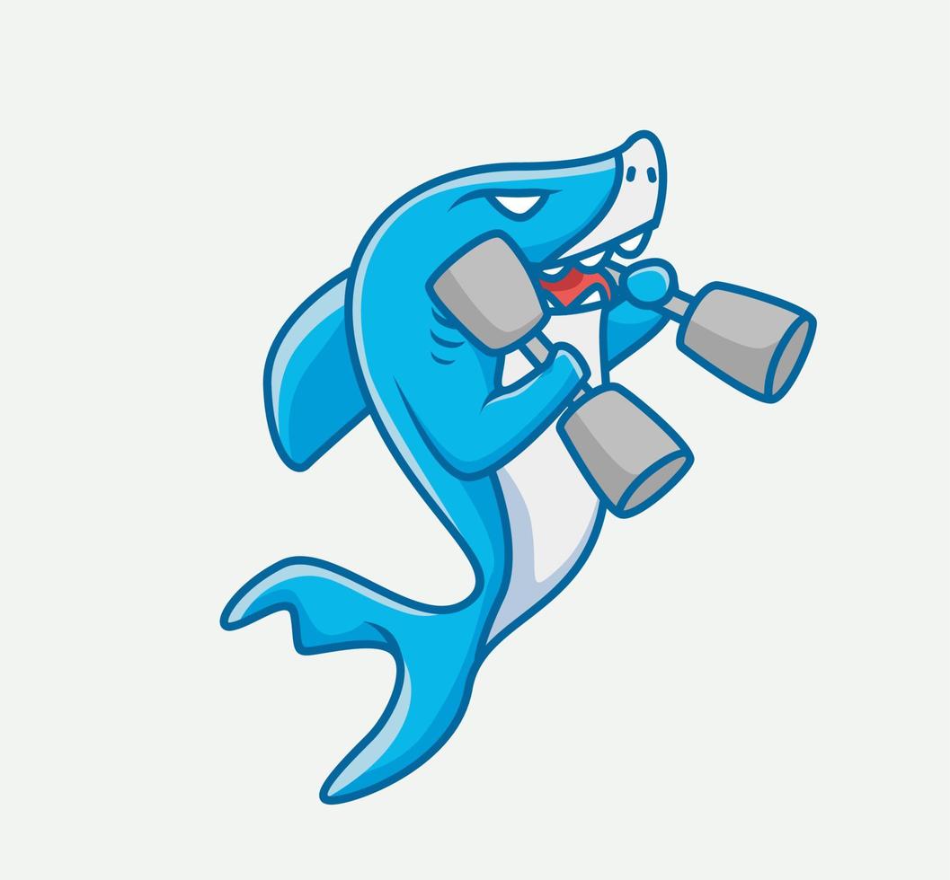 lindo bebé tiburón levantando un gimnasio con mancuernas. dibujos animados animales deportes concepto aislado ilustración. estilo plano adecuado para el vector de logotipo premium de diseño de icono de etiqueta. personaje mascota