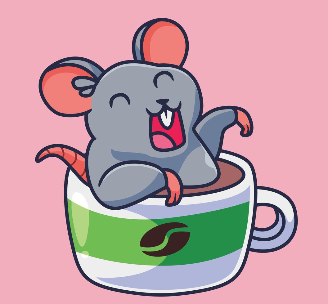 lindo ratón de dibujos animados bañándose en una taza de café. vector de ilustración animal de dibujos animados aislado