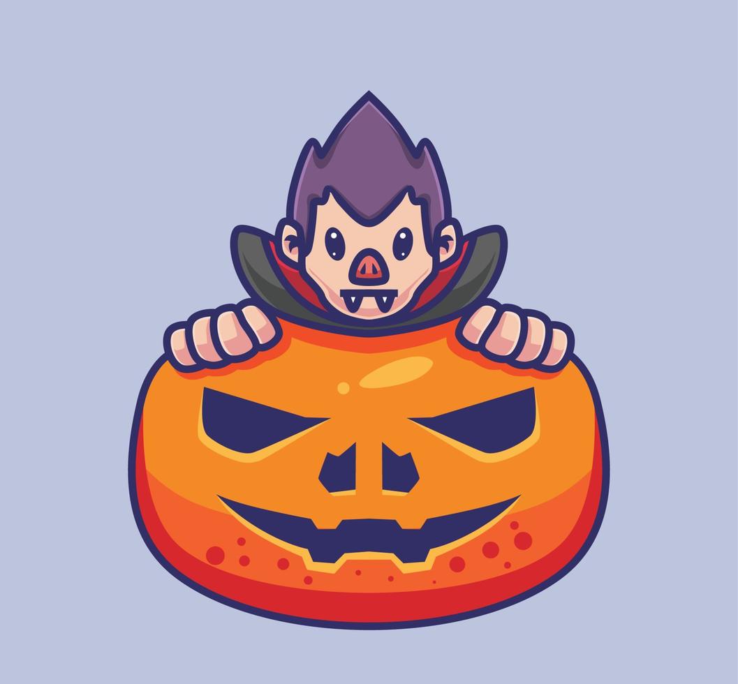 cute dracula hide on giant pumpkin. Isolated cartoon Halloween illustration. Flat Style suitable for Sticker Icon Design Premium Logo vector. Mascot character vector
