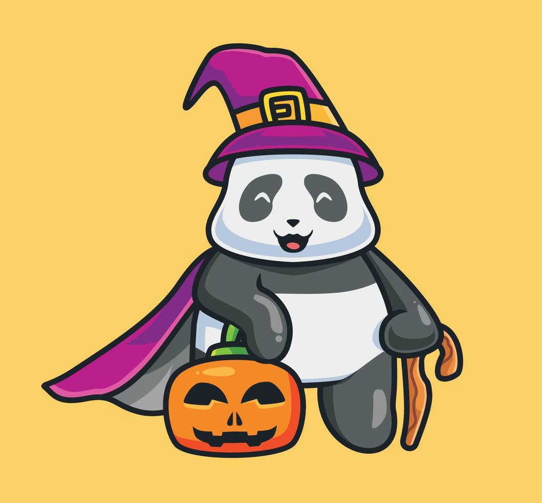 cute panda wizard with a pumpkin. Isolated cartoon animal Halloween illustration. Flat Style suitable for Sticker Icon Design Premium Logo vector. Mascot character vector