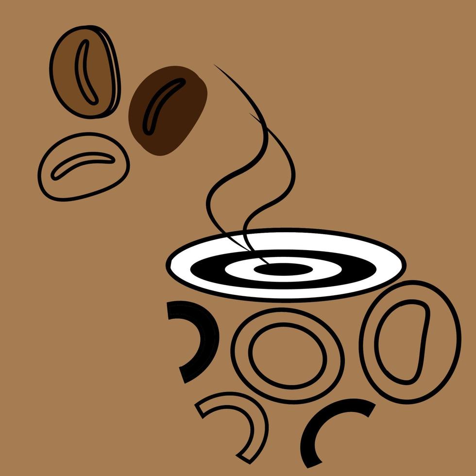 Coffee beans and Abstract stylized cup with streams of steam. Abstract background. Line Art. vector