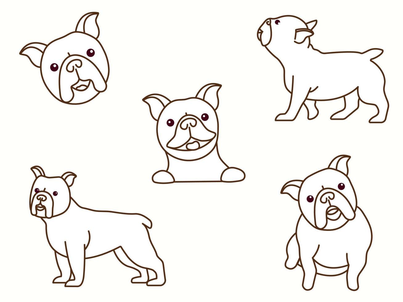 lindo personaje de perro de raza bulldog francés. los perros están parados en diferentes poses. conjunto de iconos de vector de línea de diseño plano