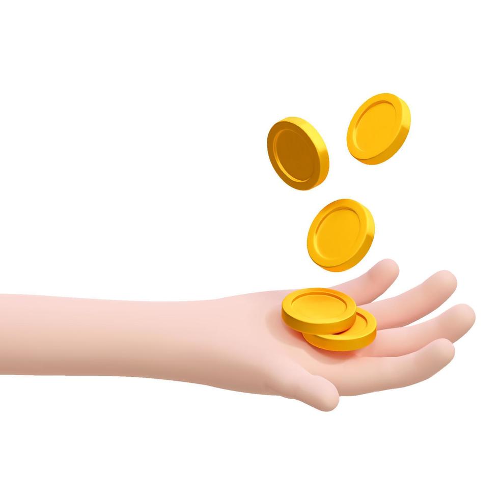 3d render realistic hand with flying gold coins. Vector illustration