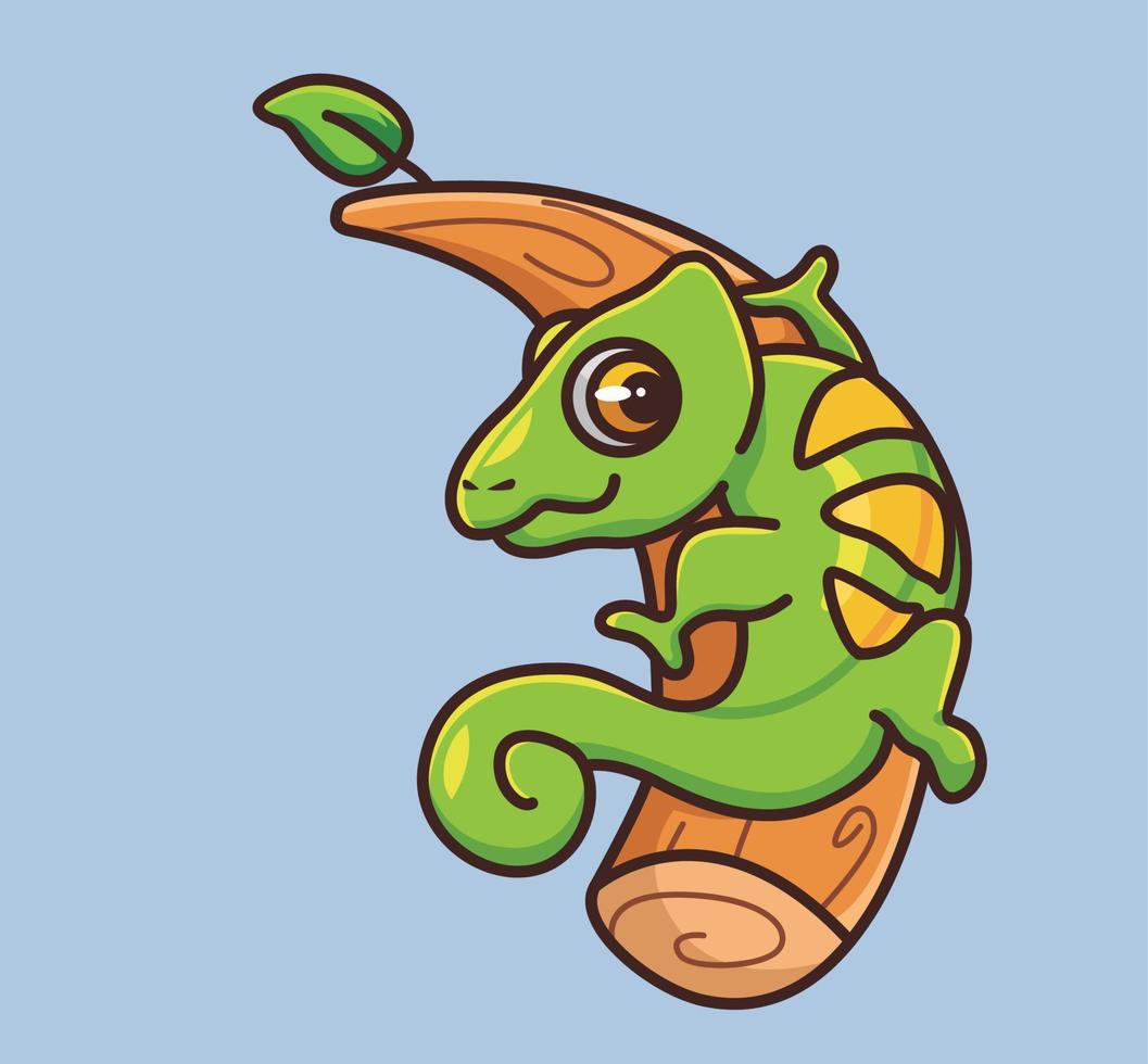 cute chameleon walking on the branch. cartoon animal nature concept Isolated illustration. Flat Style suitable for Sticker Icon Design Premium Logo vector. Mascot Character vector