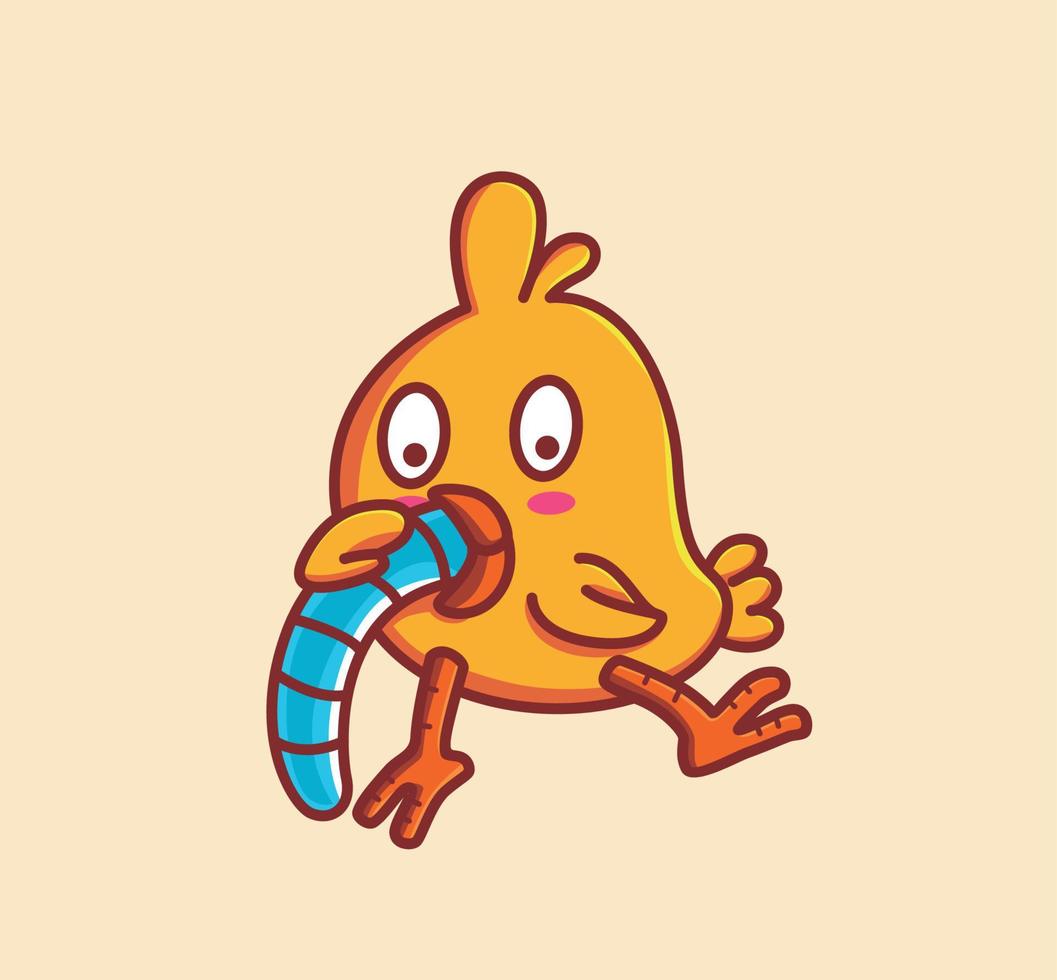 lindo pájaro amarillo de pollo comiendo una oruga de gusano. animal dibujos animados aislado estilo plano pegatina web diseño icono ilustración premium vector logo mascota personaje