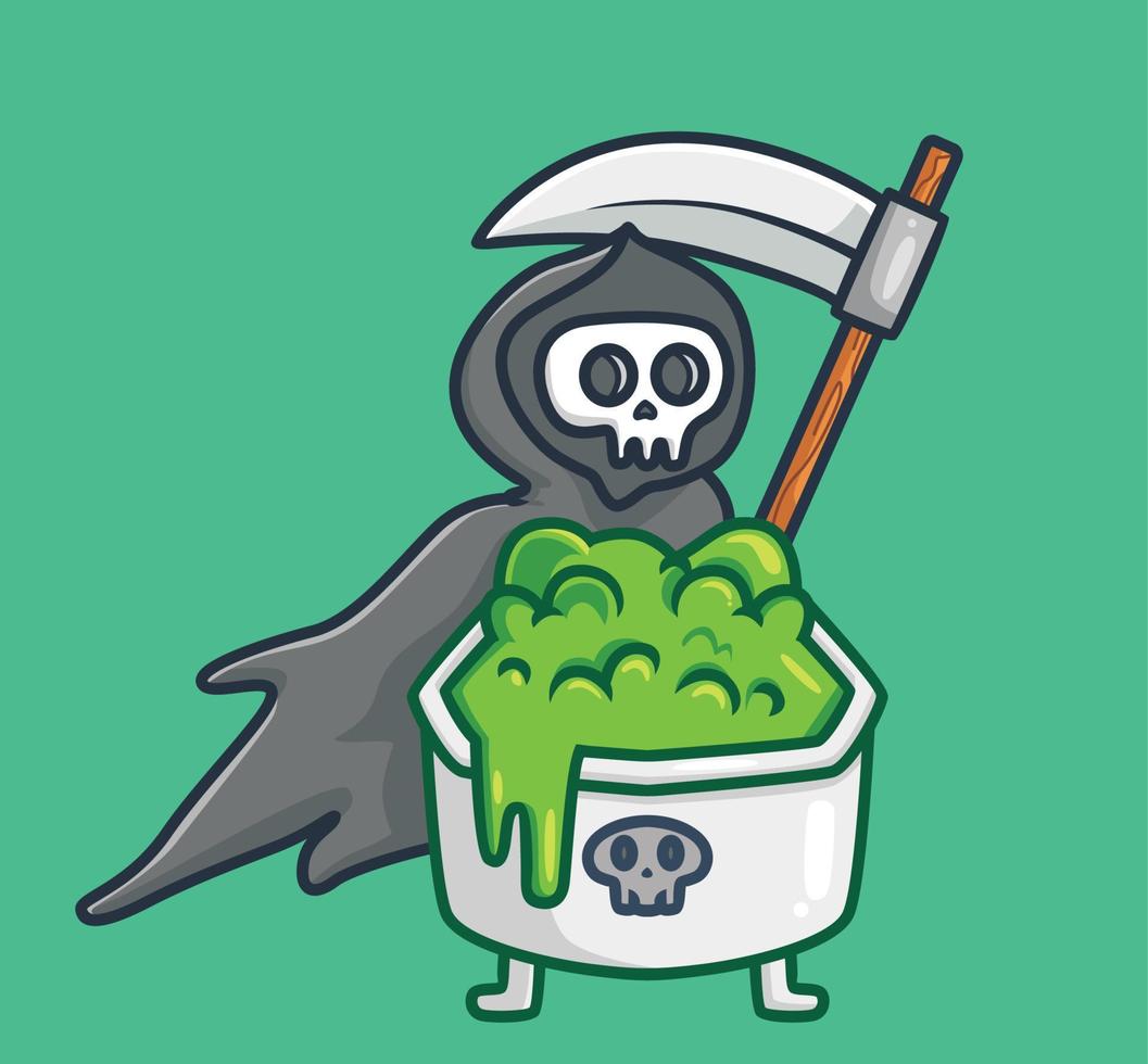 cute grim reaper bring a cup of poison. cartoon halloween event concept Isolated illustration. Flat Style suitable for Sticker Icon Design Premium Logo vector. Mascot character vector