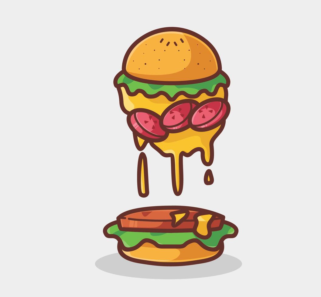 Linda deliciosa hamburguesa con queso derretida. ilustración aislada del concepto de comida de dibujos animados. estilo de dibujos animados plano adecuado para el diseño de icono de etiqueta vector de logotipo premium