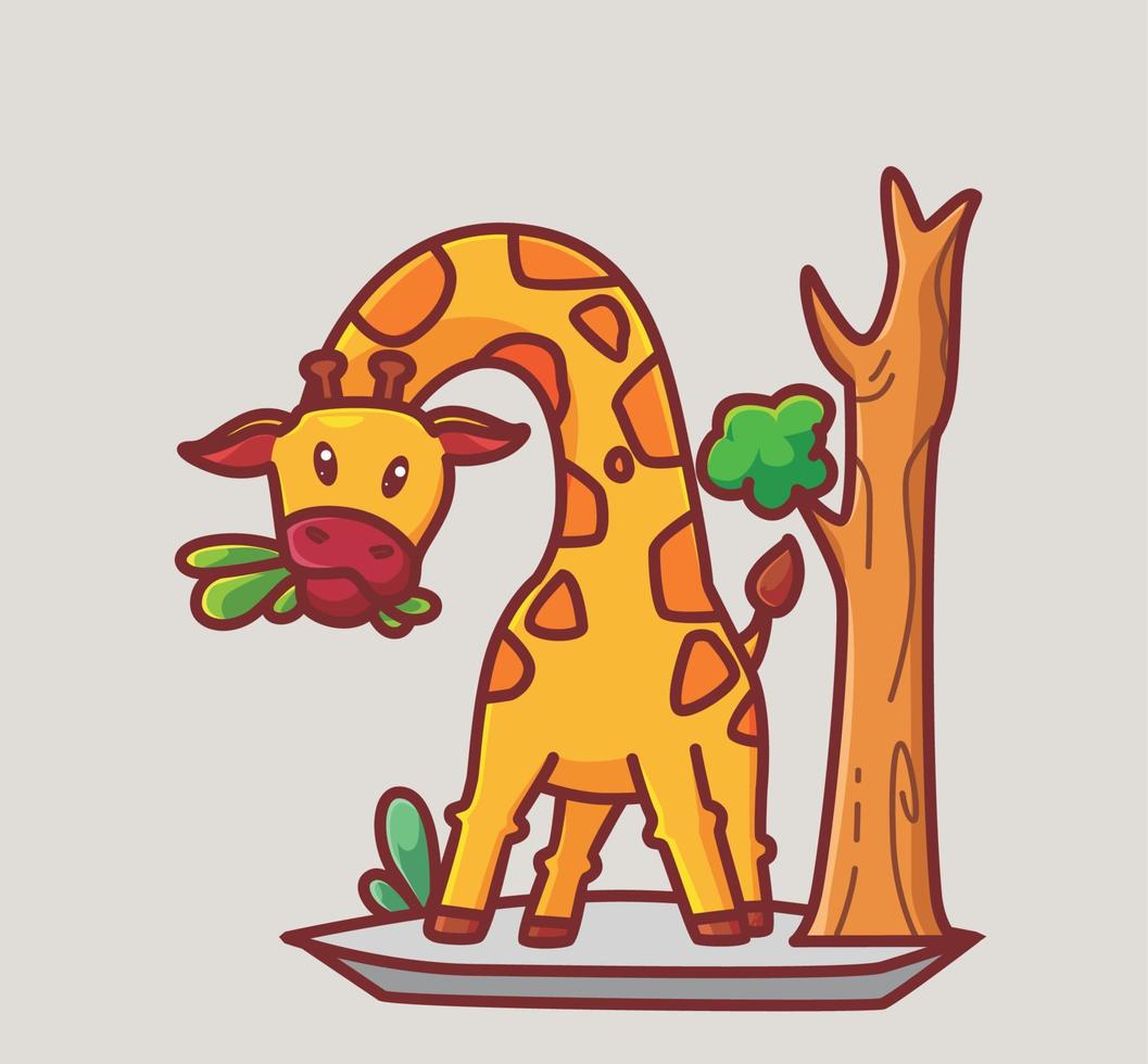 linda jirafa comiendo hojas del árbol. ilustración aislada del concepto de comida animal de dibujos animados. estilo plano adecuado para el vector de logotipo premium de diseño de icono de etiqueta. personaje mascota