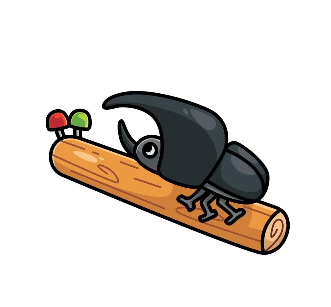 cute rhinoceros beetles on the tree trunk branch. cartoon animal nature concept Isolated illustration. Flat Style suitable for Sticker Icon Design Premium Logo vector. Mascot Character vector