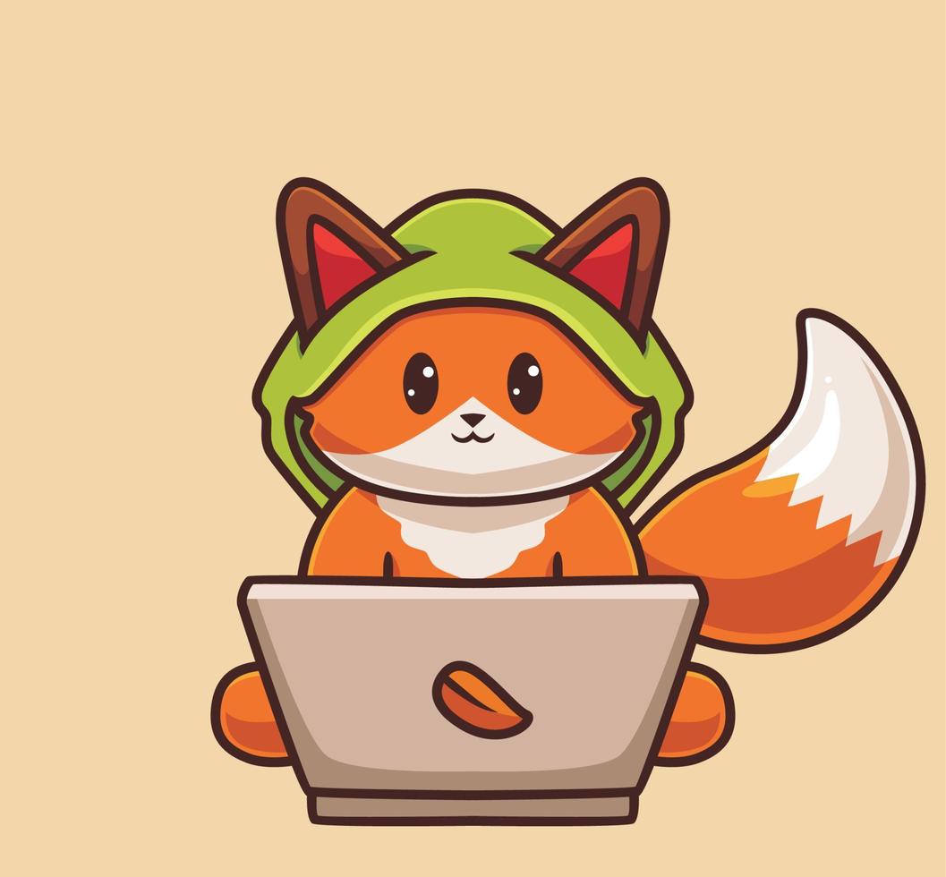 cute fox hacker laptop. Isolated cartoon science technology concept illustration. Flat Style suitable for Sticker Icon Design Premium Logo vector