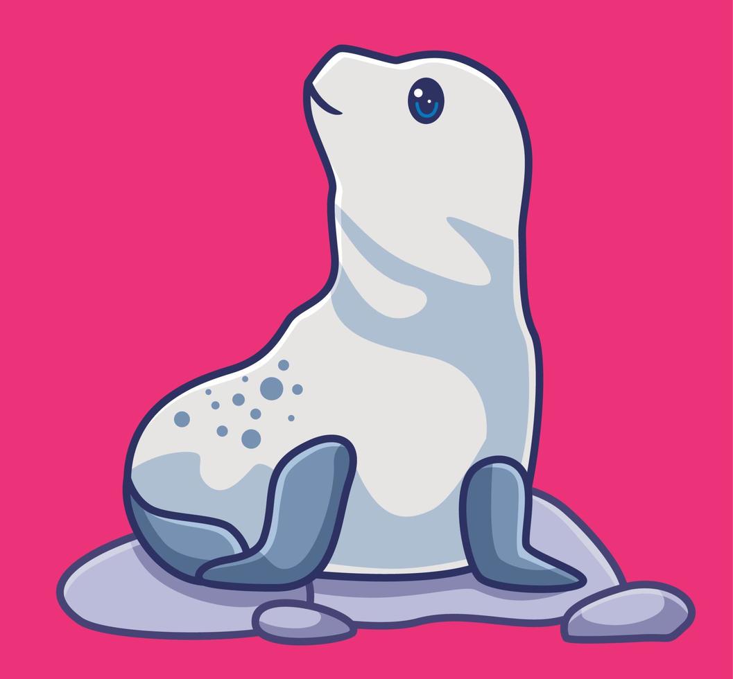 lindo animal de foca blanca en el suelo. ilustración animal de dibujos animados aislados. vector de logotipo premium de diseño de icono de etiqueta de estilo plano. personaje mascota