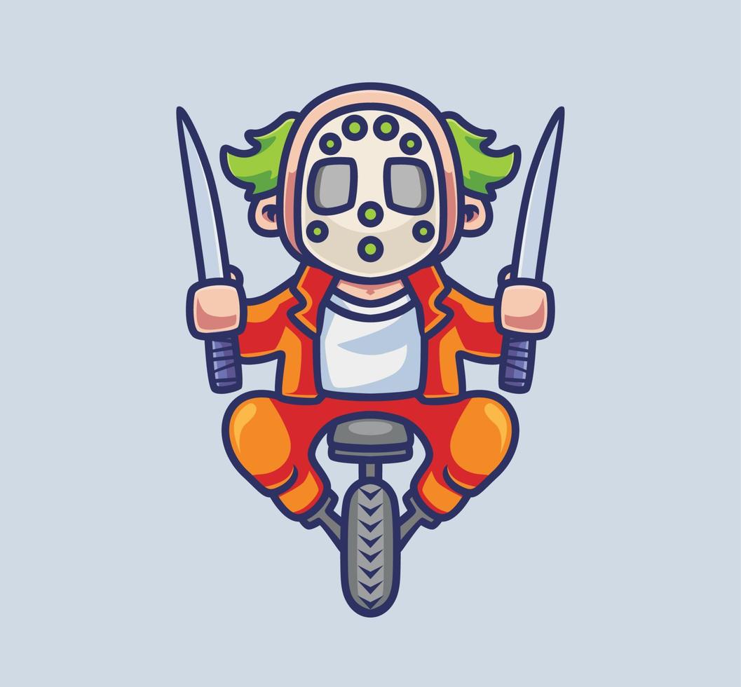 lindo payaso asesino andar en bicicleta una rueda con cuchillos. ilustración de halloween de animales de dibujos animados aislados. estilo plano adecuado para el vector de logotipo premium de diseño de icono de etiqueta. personaje mascota