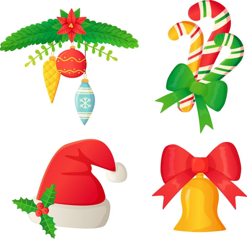 conjunto de elementos navideños bastón de caramelo sombrero de navidad rama de árbol bolas ornamentadas arcos y acebo. vector