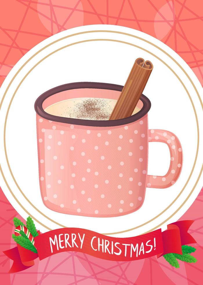 Cute eggnog drink with chocolate powder and cinnamon christmas greeting card. vector