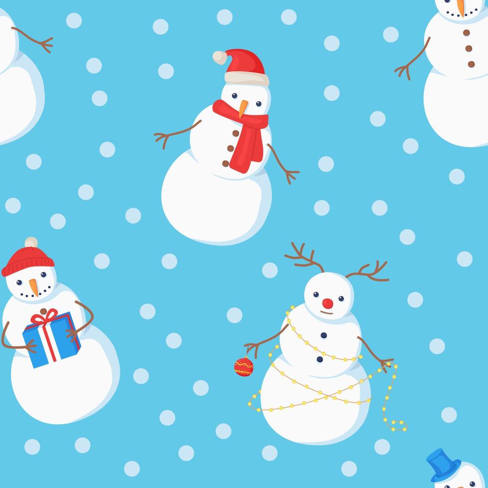 Christmas seamless snowman characters pattern in flat cartoon style. vector