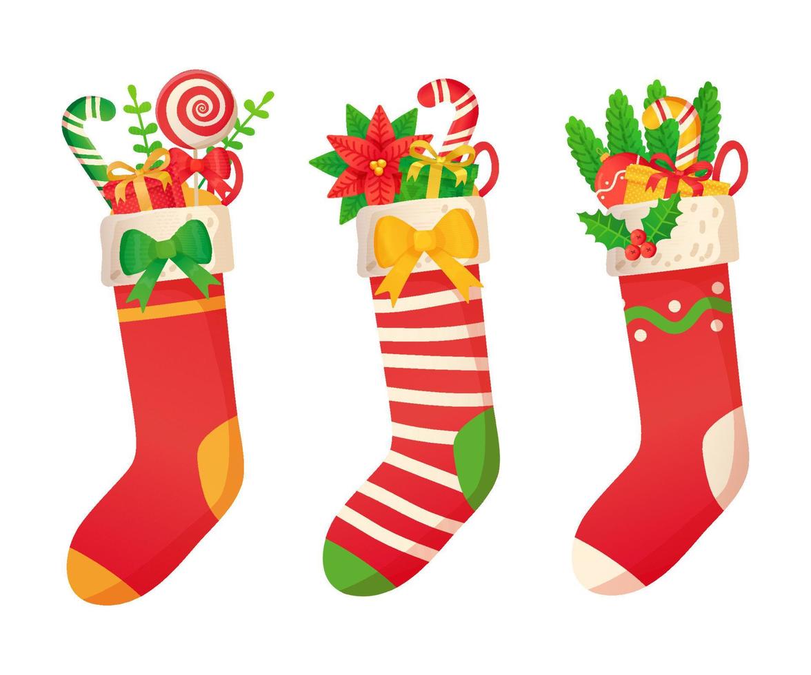 Calcetines decorados con regalos de Navidad en estilo de dibujos animados aislado sobre fondo blanco. vector