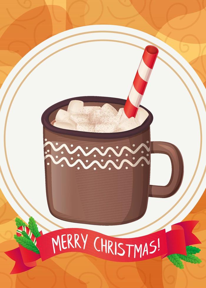 Cozy cacao with marshmallow christmas greeting card. vector
