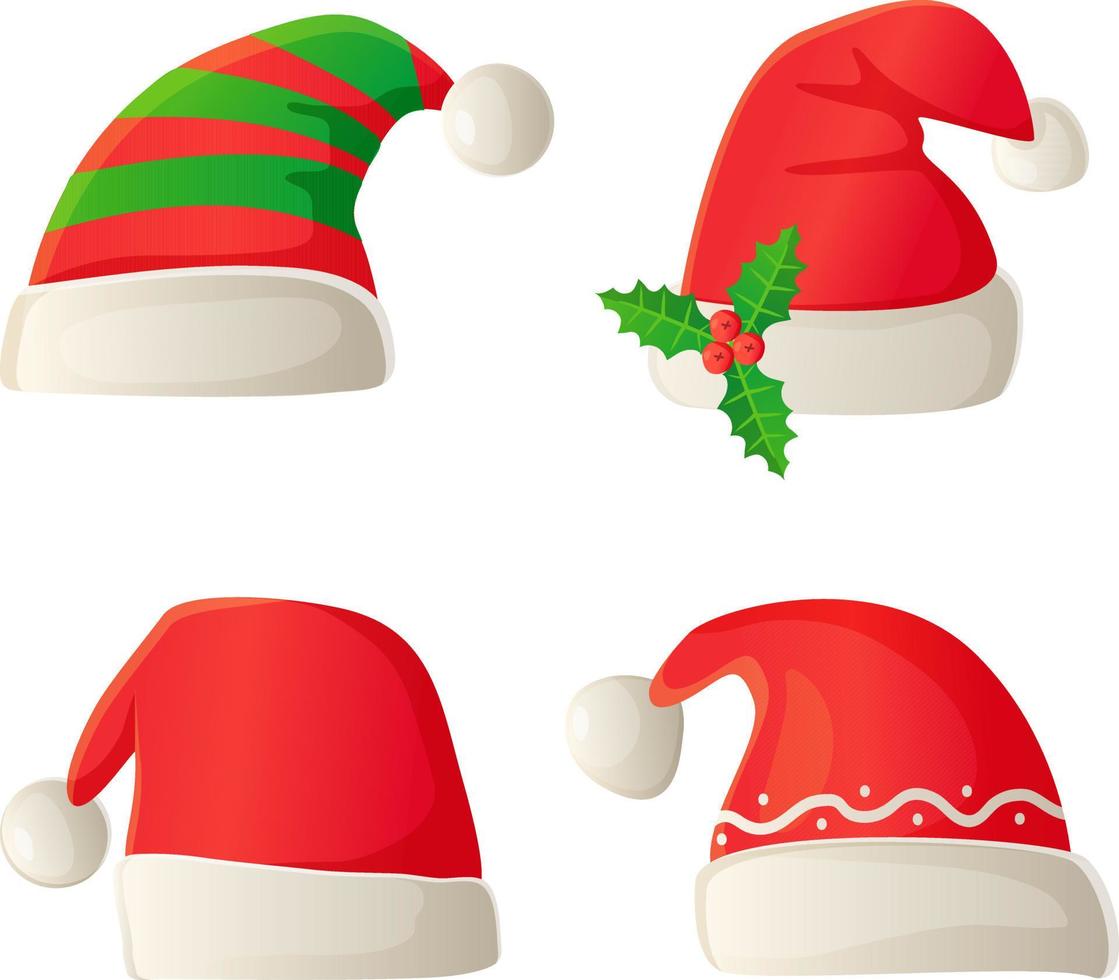 Christmas santa costume hat set in cartoon style. vector