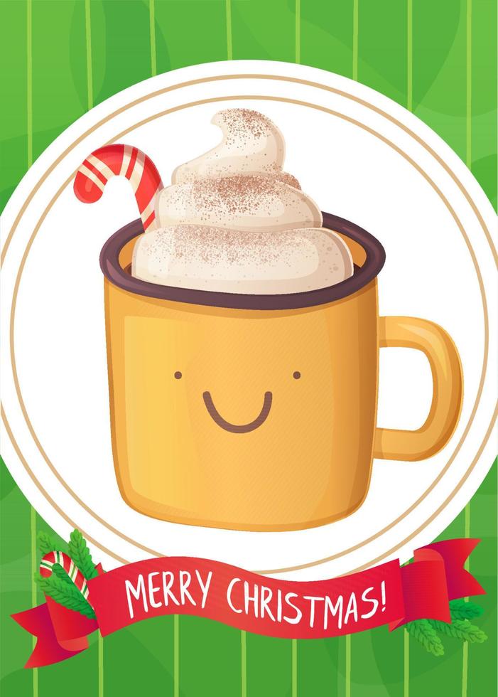 Cute hot chocolate with whipped cream and candy cane christmas greeting card. vector