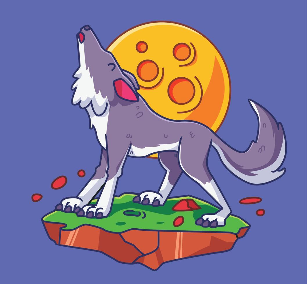 cartoon wolf roaring with moon at night. Isolated animal illustration. Flat Style Sticker Icon Premium vector