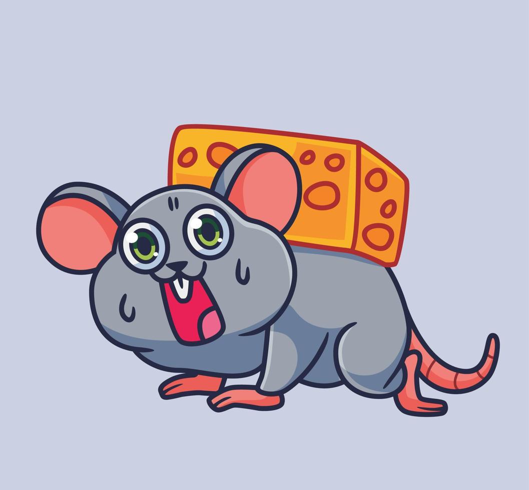 lindo ratón lleva queso grande. vector de ilustración animal de dibujos animados aislado