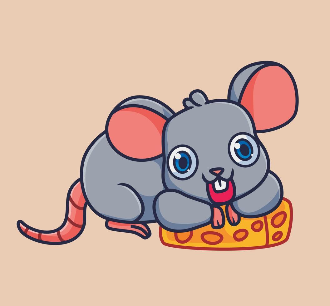 lindo ratón de dibujos animados consigue un trozo de queso. vector de ilustración animal de dibujos animados aislado