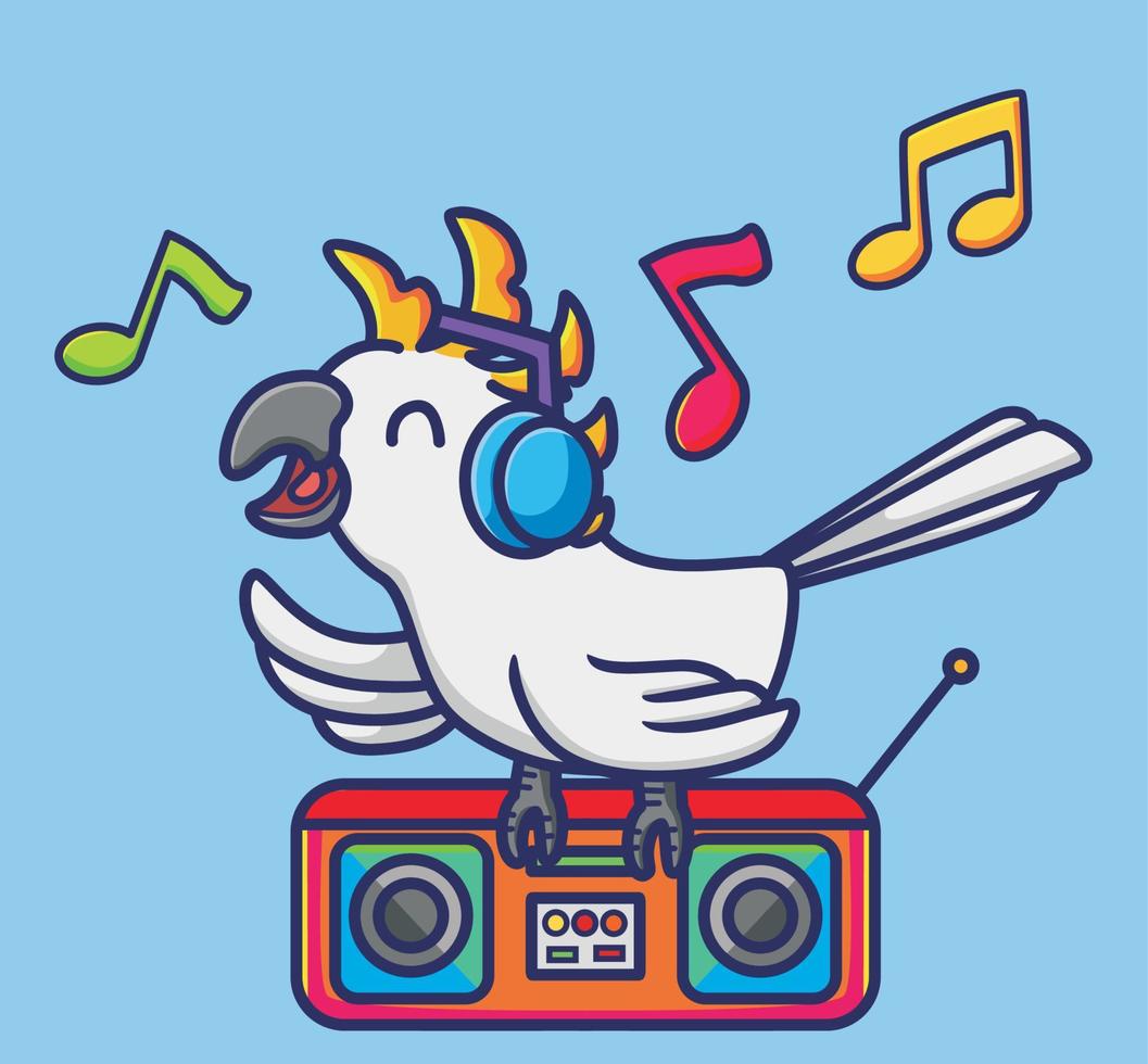 linda ilustración loro pájaro escuchando música cantar una canción con auriculares. animal aislado dibujos animados estilo plano icono premium vector logo pegatina mascota