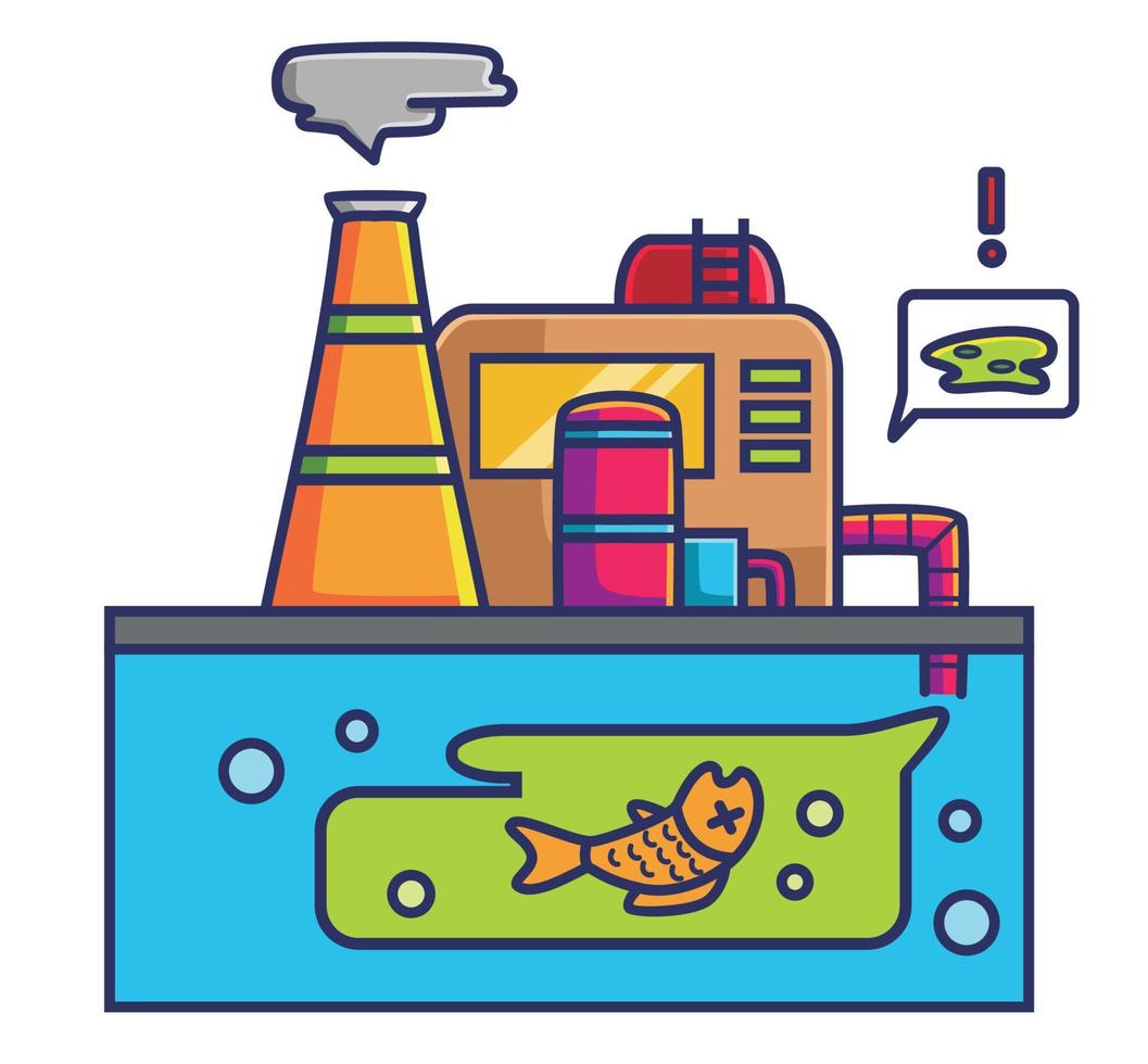 dibujos animados fábrica contaminación aire y agua peces muertos. dibujos animados aislados estilo plano pegatina diseño web icono ilustración premium vector logo mascota carácter