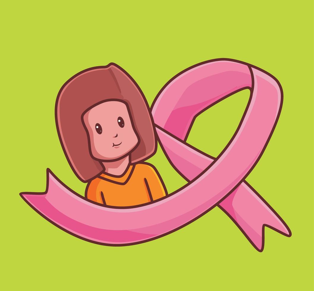 breast cancer symbol with pink tape. cartoon woman cancer concept Isolated illustration. Flat Style suitable for Sticker Icon Design Premium Logo vector