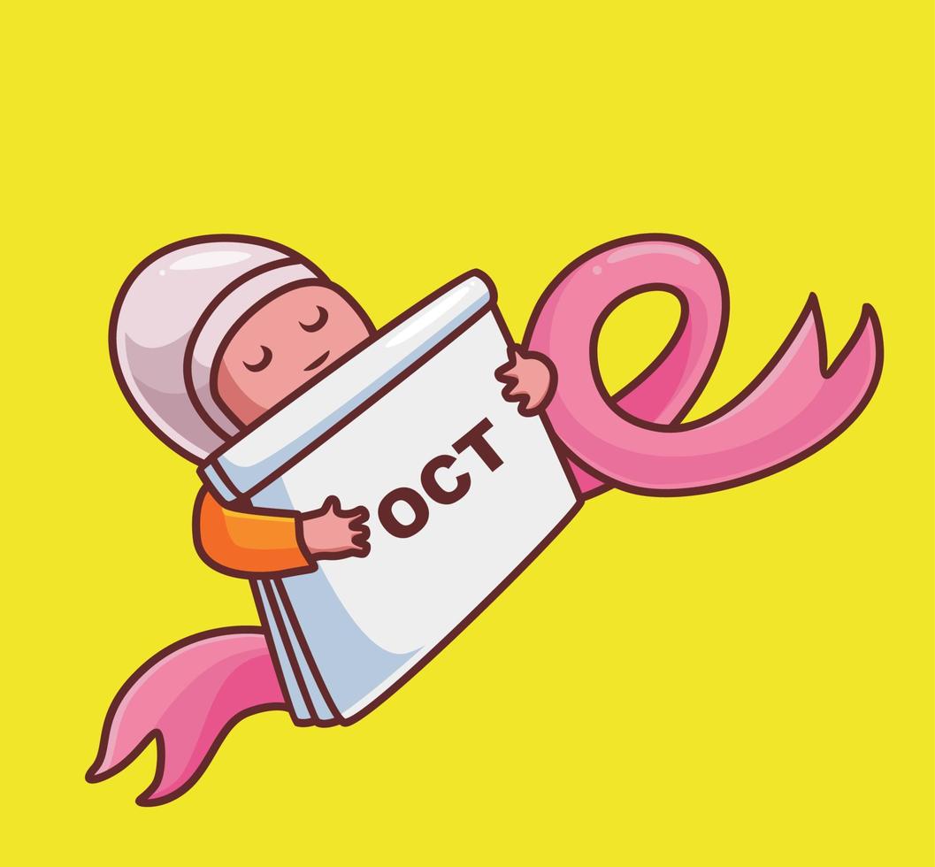 mujer con cáncer de mama abrazo calendario de octubre. ilustración aislada del concepto de cáncer de mujer de dibujos animados. estilo plano adecuado para el diseño de iconos de pegatinas vector de logotipo premium