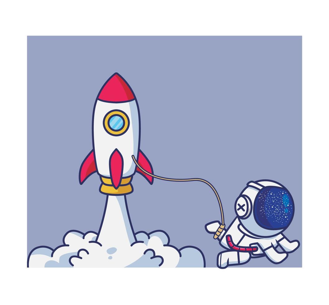 lindo lanzamiento de cohete trae astronauta. ilustración aislada del concepto de tecnología de persona de dibujos animados. estilo plano adecuado para el diseño de iconos de pegatinas vector de logotipo premium