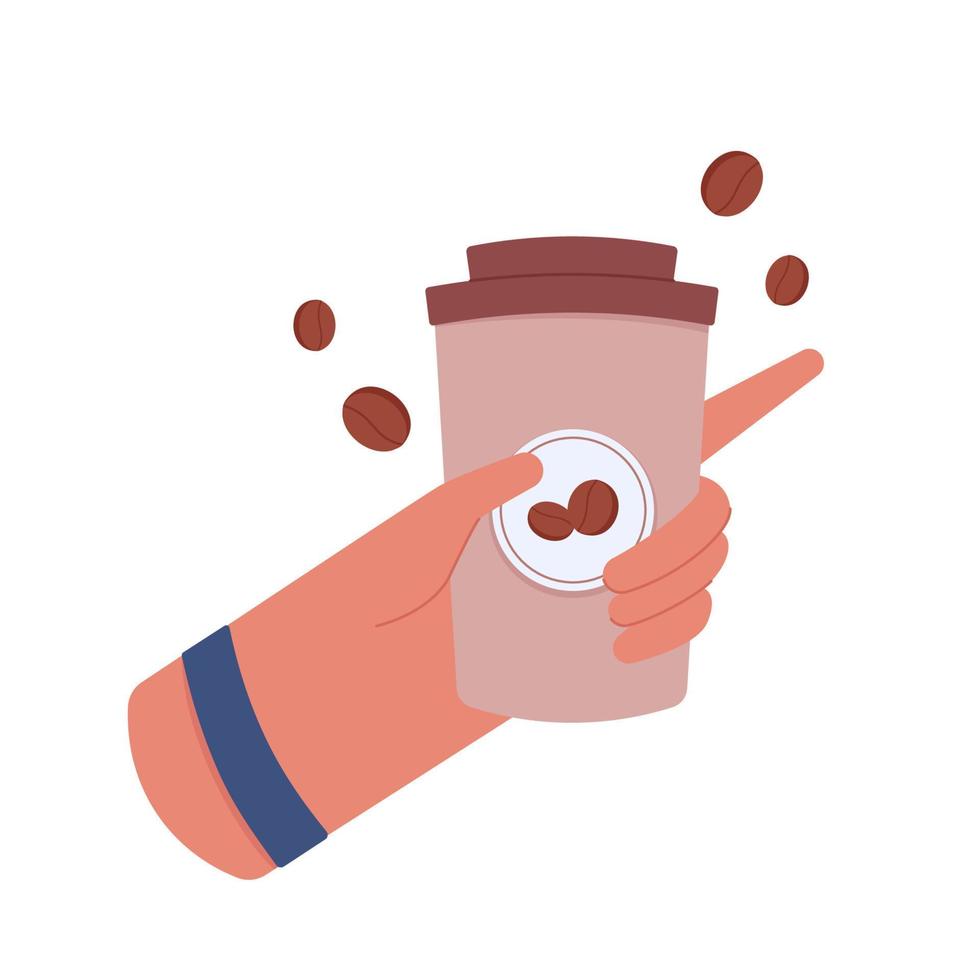 Hand holding coffee cup with coffee beanss vector