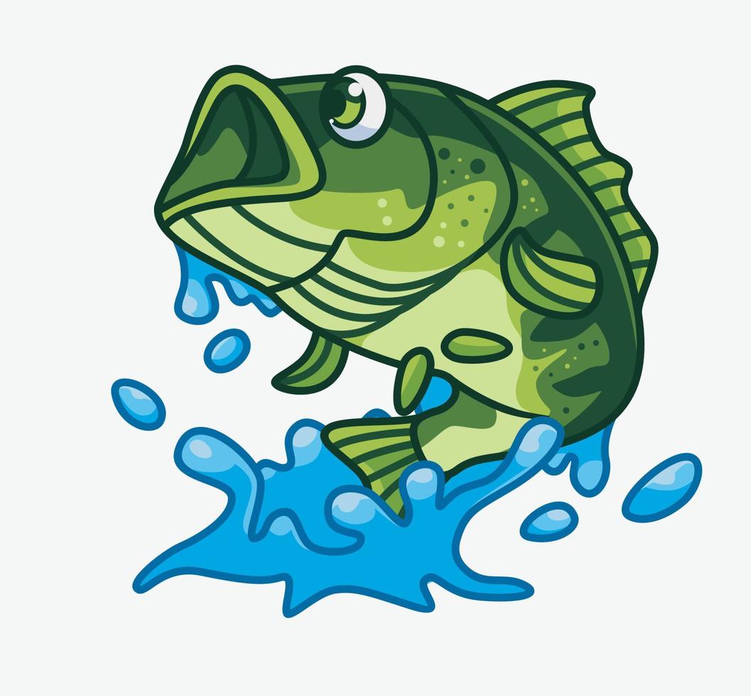 cute bass fish jumping splash water. isolated cartoon animal illustration. Flat Style Sticker Icon Design Premium Logo vector. Mascot Character vector